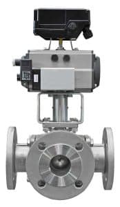 Automated 3-way ball valve with pneumatic rotary actuator, NAMUR solenoid valves, limit switch box (IP67), position indicator and mounting bridge - assembled ready for use for industrial process automation