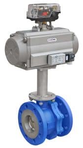 Automatisierter 2-teiliger BEE-Kugelhahn Typ 71 MS mit pneumatischem AIR TORQUE Antrieb, Endschalterbox, NAMUR-Magnetventil und Schaltwellenverlängerung – einsatzbereit für industrielle Prozessautomatisierung