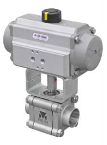 Automated 3-part DVC ball valve type 1210/1310 with pneumatic AIR TORQUE actuator, mounting bridge and adapter - ready to use for industrial process automation