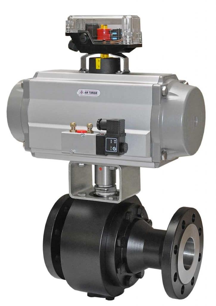 Automatisierter 2-teiliger Kugelhahn KSL 75 F mit pneumatischem AIR TORQUE Antrieb, Endschalterbox TCR und NAMUR-Magnetventil – einsatzbereit für industrielle Prozessautomatisierung