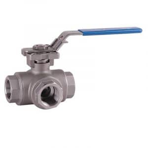 Armaturenfabrik 3-Wege Kugelhahn Edelstahl Typ 630E von Bee, reduzierter Durchgang, einstellbare Stopfbuchse, Aufbauflansch für Automatisierung, Innengewinden, allseits abgedichtete schwimmende Kugel