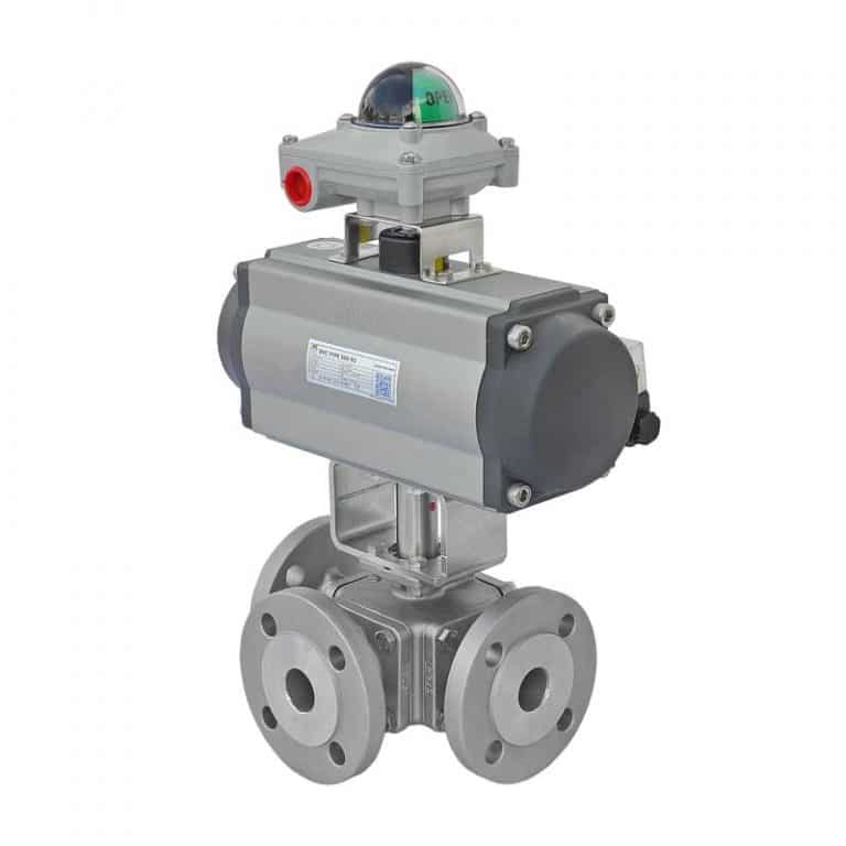 Armaturenfabrik automated valves 3-way pneumatic actuator DVC type 505 limit switches mechanical type 5320 DVC Armatec, valve with spindle extension, heating jacket