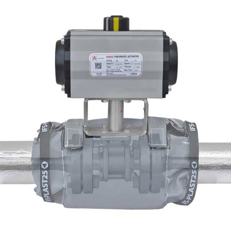 Armaturenfabrik flexible Isolierung Isolierkissen Isoliermantel Isolierdecke oder Isoliermantel, Rohre mit IFS-MW20 Isolierung, IFS PLAST25 Kugelhahn automatisiert pneumatischer Antrieb Aufbauflansch Montageflasch Bruecke Spindelverlaengerung