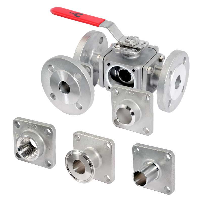 Armautrenfabrik Kugelhahn 3-Wege Flansch Gewinde Anschweißende modularer Aufbau mit verschiedene Anschlüsse, Aufbauflansch, Montageflansch, automatisierbar Edelstahl VL-Z316-EPI, ausblassichere Schwaltwelle, voller Druchgang, L-Bohrung, T-Bohrung