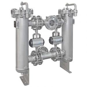Armaturenfabrik Duplex strainer Reversible DN80 with actuator-automated stainless steel swivel arm Quick-release butterfly valve by Industriefabrik Schneider
