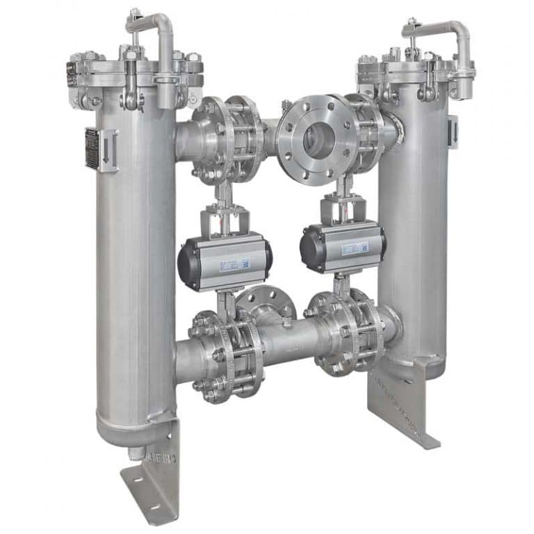 Armaturenfabrik Duplex strainer Reversible DN80 with actuator-automated stainless steel swivel arm Quick-release butterfly valve by Industriefabrik Schneider