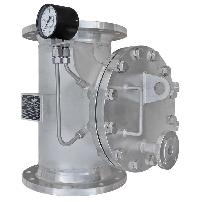 Armaturenfabrik Industriefabrik Schneider Schutzsieb Typ TF in T-Form aus Edelstahl Industriefilter DN400 und DN250 DN200 Filter mit Flansch und Siebeinsatz und Differenzdruckanzeiger