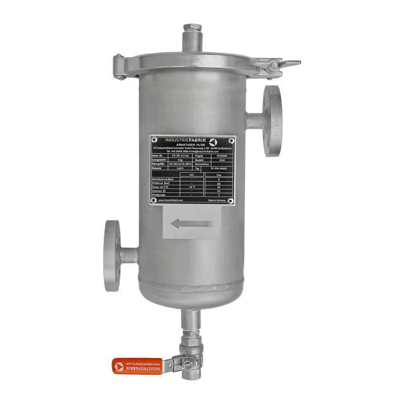 Armaturenfabrik Industriefabrik Schneider Beutelfilter und Kerzenfilter aus Edelstahl für industrielle Flüssigkeitsfiltration, DN25–DN400, PN10–PN40, Industriefilter, Schnellverschluss mit Kugelhahn