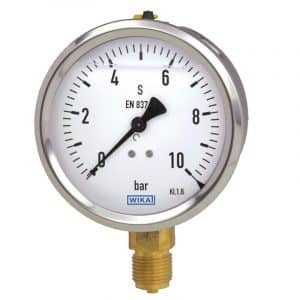Rohrfedermanometer Typ 213.53 von WIKA – CrNi-Stahl-Gehäuse, Gehäusefüllung für Schwingungsdämpfung, Nenngröße 100 mm.