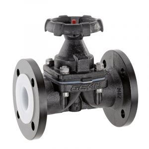 Armaturenfabrik Membranventil 2-2-Wege Typ 675 von Gemü, manuell betätigt, Durchflussrichtung beliebig, optische Stellungsanzeige, nichtssteigendes Handrad, Flansch oder Gewinde Anschluss, Grauguss, für neutrale, aggressive, flüssige und gasförmige Medien