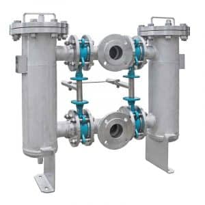 Armaturenfabrik Industriefabrik Schneider Doppelfilter Typ DF mit zwei Filterkammern, Umschalteinheit und Edelstahl-Siebeinsatz, DN50–DN300, für unterbrechungsfreie Filtration.