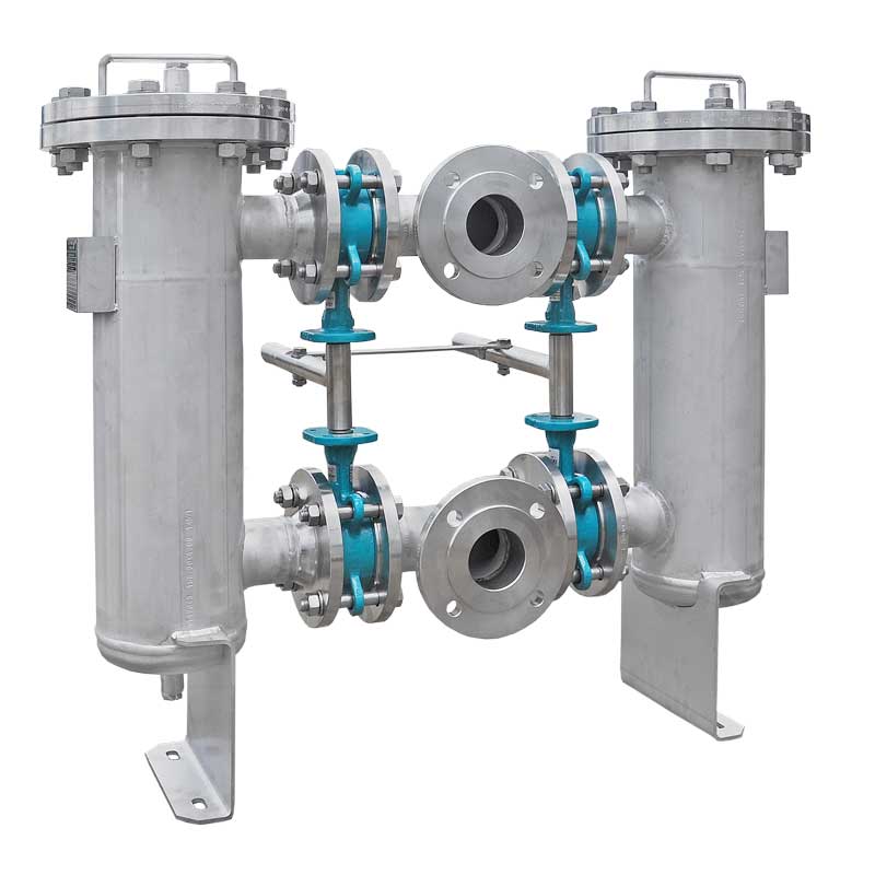 Armaturenfabrik Industriefabrik Schneider Doppelfilter Typ DF mit zwei Filterkammern, Umschalteinheit und Edelstahl-Siebeinsatz, DN50–DN300, für unterbrechungsfreie Filtration.