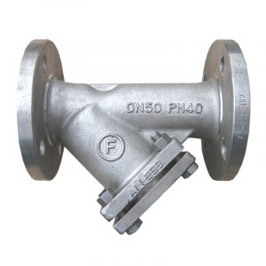 Armaturenfabrik Fromme Armaturen Schmutzfänger Fig. 380 in Y-Form aus Edelstahl 1.4408 mit Edelstahl-Sieb, PN16, DN65–DN250, für aggressive Medien und Hochtemperaturanwendungen.