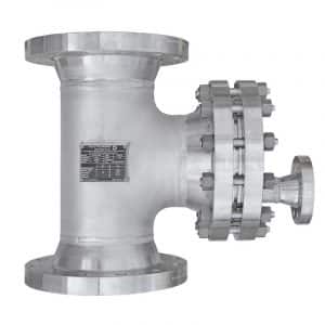 Armaturenfabrik Industriefabrik Schneider Schutzsieb Typ TF in T-Form aus Edelstahl mit Deckel-Schwenkvorrichtung, DN100–DN1000, für industrielle Anwendungen.